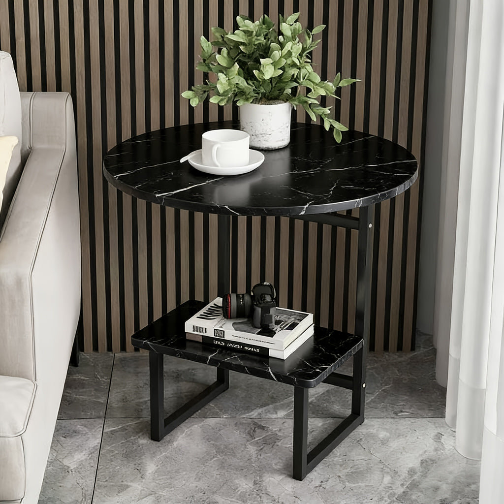 Modern Light Luxury Easy Metal Side Table with 2-Layer Storage Shelf - Compact Living Room, Bedroom And Sofa/Bedside Coffee Table, Sturdy Black Metal, Space-Saving Decor Table, Easy to Assemble, Suitable for Home, Living Room, Sofa, Bedroom